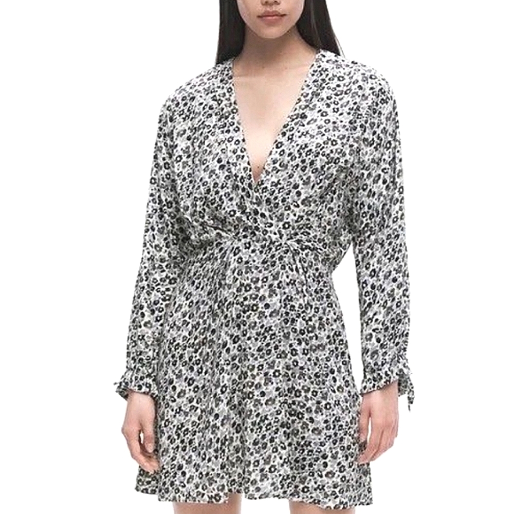 White Multi Floral Plunge V-Neck Long Slv Dress Boho Gift Going Out Party Travel